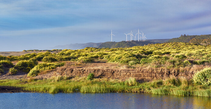 Wind turbines with grass meadow and river