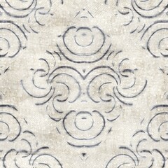 Seamless gray and cream grungy damask pattern for surface design and print. High quality illustration. Intricate luxurious hip sensual trendy romantic design for interior design, fabric, or textile.