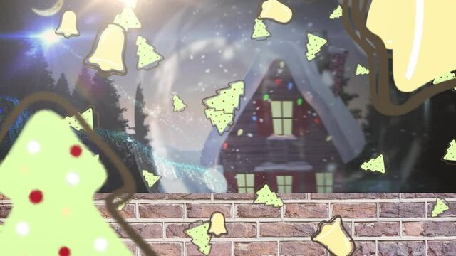 Chritsmas tree and bell icons falling over shooting star spinning around house in a snow globe