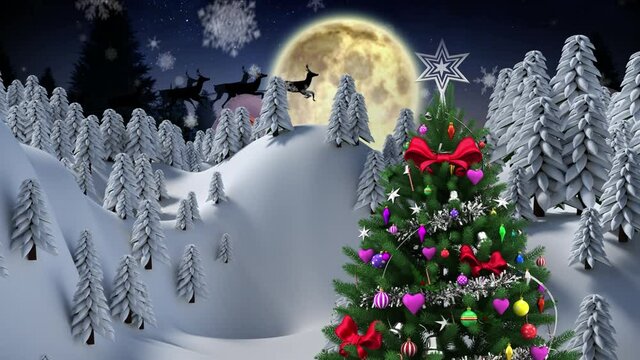 Snowflakes falling over christmas tree on winter landscape and moon in the night sky