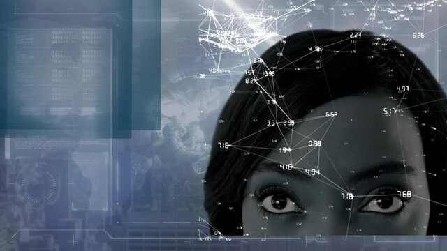 Animation of network of connections and data processing over woman face