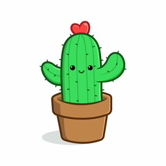 Cute doodle cactus in a pot, green funny cactus say hello. Cactus cartoon vector illustration isolated on white background.