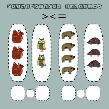 Which is greater, less or equal game with funny hedgehog, squirrel, bear, owl. Worksheet for preschool kids, kids activity sheet, printable worksheet
