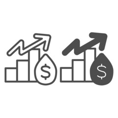 Drop of oil, dollar, stock price, rate, growth line and solid icon, oil industry concept, chart vector sign on white background, outline style icon for mobile concept and web design. Vector graphics.