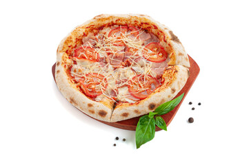 Classic pizza with tomatoes, ham and cheese. On a wooden tray. Decorated with basil and spices. White background. Isolated.
