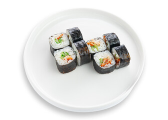 Sushi roll with baked salmon and fresh cucumber. On a white ceramic plate. White background. Isolated.