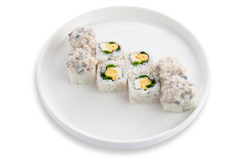 Sushi roll with scrambled eggs, green onions. Fresh cheese and mussels. On a white ceramic plate. White background. Isolated.