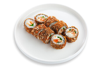 Deep-fried sushi roll with seafood. On a white ceramic plate. White background. Isolated.