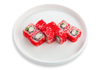 California sushi roll with shrimp, cream cheese and caviar. On a white ceramic plate. White background. Isolated.