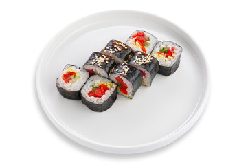 Vegetarian roll with vegetables. On a white ceramic plate. White background. Isolated.