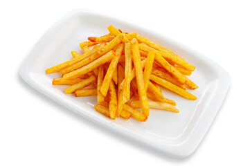 French fries on a white rectangular ceramic plate. White background. Isolated.