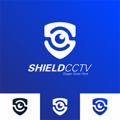 Security services vector icon shield eye hand cctv logo defend design template watching blue tech technology