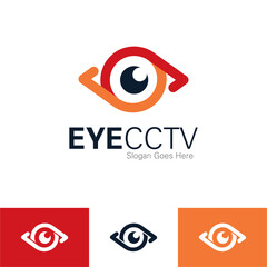 Security services vector icon shield eye hand cctv logo defend design template watching red orange tech technology