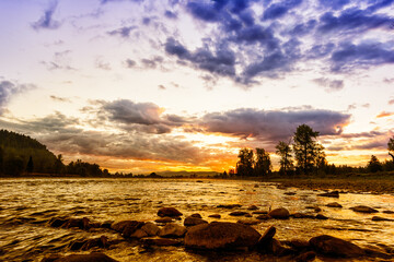 Fototapeta na wymiar Summer sunset golden river water