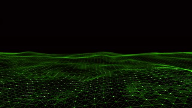 4k abstract Digital green Wave of particles dance motion on wave and light.Futuristic dots background with a dynamic wave.Big data.Cyber or technology background.Quantum finance.