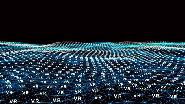 4k abstract Digital blue Wave of particles with text VR dance motion on wave and light.Futuristic dots background with a dynamic wave.Big data.Cyber or technology background.