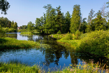 Fototapeta na wymiar Landscape with the Vuoksa river in the city of Priozersk in the Leningrad region in Russia