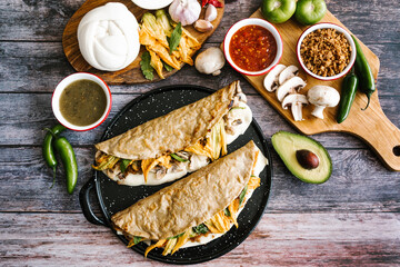 Quesadilla typical mexican dish with various ingredients served for breakfast in Mexico