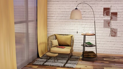 armchair and floor lamp by the window