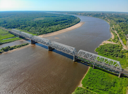 Aerial view of the railway bridge over the Vyatka river (Kotelnich, Kirov region, Russia)