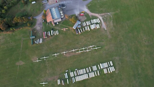 aerial view of gliders at air field of dunstable downs, drone footage