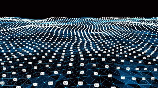 4k abstract Digital blue Wave of particles with e-mail symbol dance motion on wave and light.Futuristic dots background with a dynamic wave.Big data.Cyber or technology background.