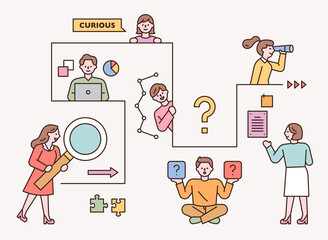 People connected by lines are looking for information. outline simple vector illustration.