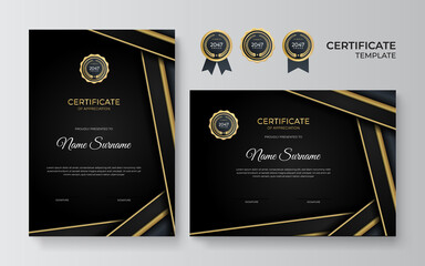 Certificate of appreciation template, gold and black color. Clean modern certificate with gold badge. Certificate border template with luxury and modern line pattern. Diploma vector template