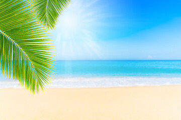 Summer Vacation and Travel Holiday Concept : Palm leaves with blurred seascape view in summer seasonal.
