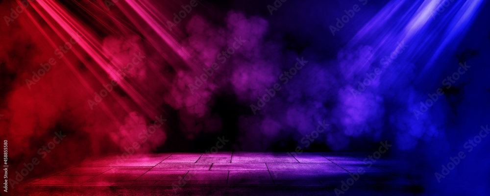 Poster empty space of studio dark room with fog or mist and lighting effect red and blue on concrete floor 