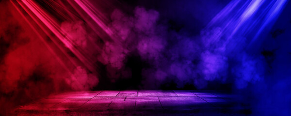 Empty space of Studio dark room with fog or mist and lighting effect red and blue on concrete floor grunge texture background.