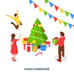 The concept of a family Christmas. A happy family is celebrating around the Christmas tree and giving each other gifts. Isometric illustration on white background