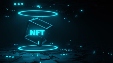 NFT concept. Non fungible token icon on abstract technology background. 3d render illustration - obrazy, fototapety, plakaty