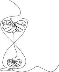 continuous drawing with one line of an hourglass and the palms of an adult and the palms of a child. The concept of transferring life experience. Finance, Success and time