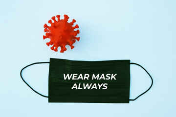 Face mask written wear mask always with 3D printed coronavirus insight. People encourage to always...
