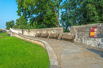 View of York City Wall Yorkshire England which was built in the 13th century of magnesian limestone