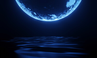 3D blue moon and water. Night background.