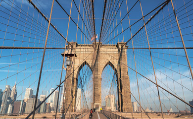 Close up Brooklyn Bridge in New York City USA
