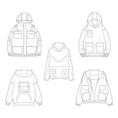 set 5 hoodie oversized outline drawing vector, hoodie oversized in a sketch style, trainers template outline, vector Illustration. © litnik