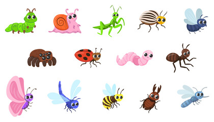 Obraz na płótnie Canvas Cute bug cartoon characters vector illustrations set. Funny forest or garden animals, ant, snail, spider, ladybug, dragonfly, bee, butterfly, worm isolated on white background. Insects, nature concept