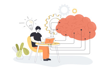 Programmer learning about artificial intelligence on computer. Huge brain with digital data, cloud storage flat vector illustration. Science, education, AI concept for banner or landing web page