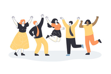 Team of happy office workers celebrating professional victory. Business people jumping and laughing out of joy flat vector illustration. Success, cooperation concept for banner, website design