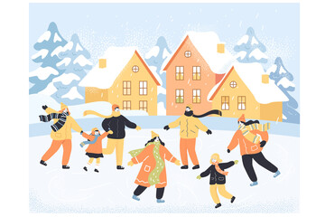 Cartoon characters having fun on ice rink together. Adult people and children skating outdoors flat vector illustration. Family, sports, winter, Christmas concept for banner or landing web page