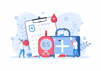 Diabetes Testing with Blood Glucose Meter, Exam Results, Tubes, Syringe to Medical Healthcare and Treatment For Poster Background Vector Illustration