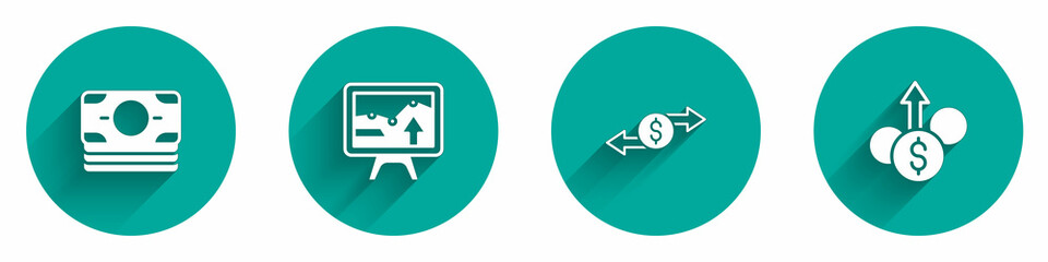 Set Stacks paper money cash, Monitor with graph chart, Money exchange and Financial growth dollar icon with long shadow. Vector