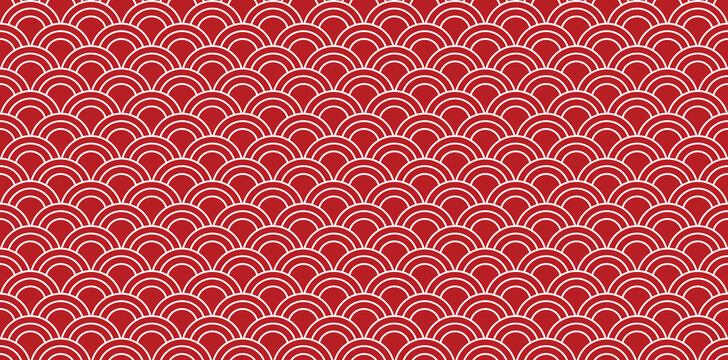 Dark red and white Japanese wave seamless vector pattern. Oriental seigaiha design, repeatable background, wallpaper, texture print.