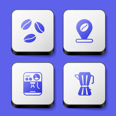 Set Coffee beans, Location with coffee, machine and maker moca pot icon. White square button. Vector