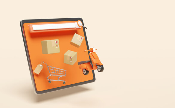 mobile phone,smartphone with search bar,magnifying,shopping cart,tags,scooter,goods cardboard box isolated on beige background.Online delivery,online order tracking concept,3d illustration,3d reder