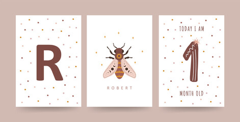 Kids milestone card. Nursery posters capturing special moments. Child is 1 month old. Cute birthday card template. Scandinavian vector illustration in boho style.