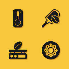 Set Coffee thermometer, Donut, Electronic coffee scales and Spatula with grain icon with long shadow. Vector